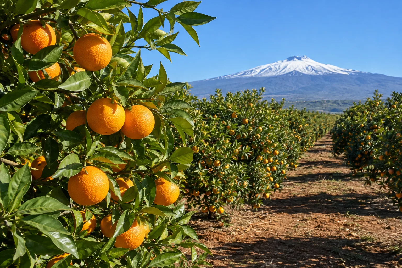 Orangenhain in der Ebene von Catania, im Hintergrund der Ätna