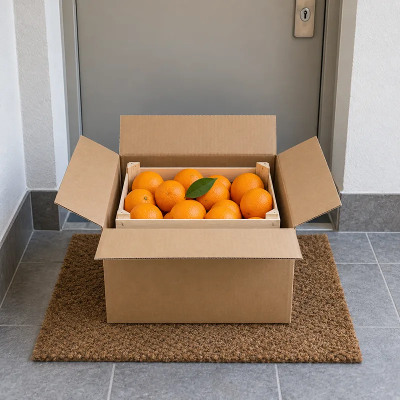 Offener Versandkarton mit Holzsteige voller Orangen vor einer Wohnungstür