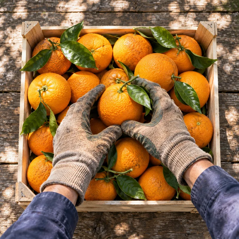 Hände legen die letzte Orange in die volle Holzsteige