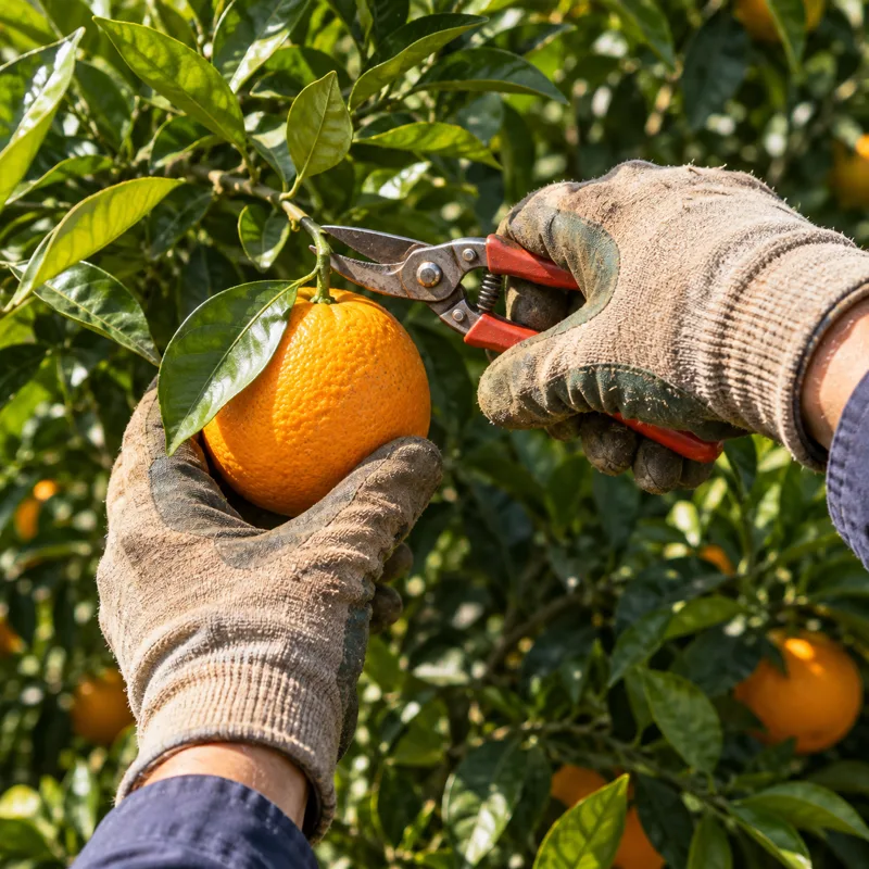 Zwei Hände in Arbeitshandschuhen schneiden eine Orange vom Ast