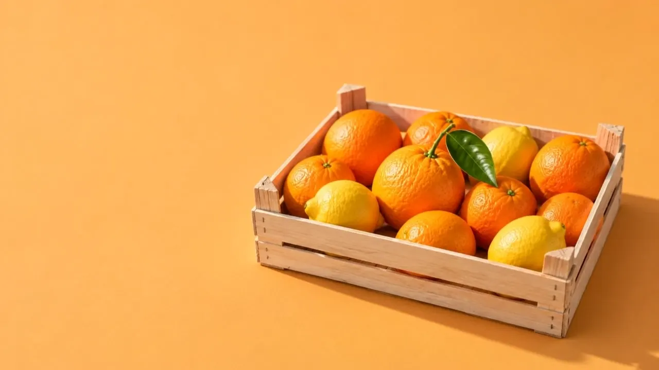 Orangen und Zitronen in einer hellen Holzkiste